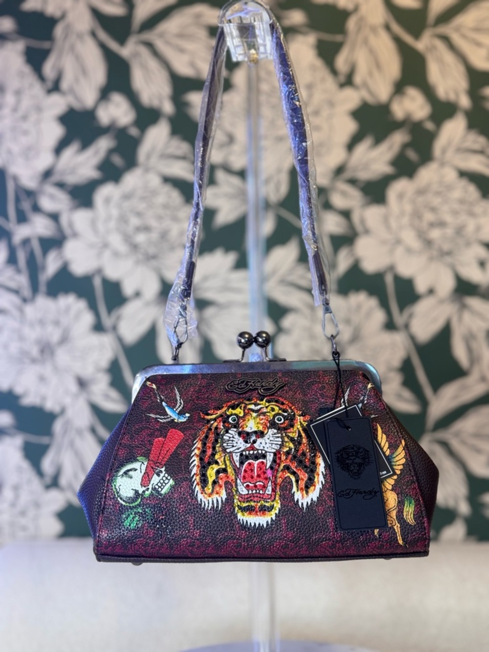 Ed Hardy Burgundy Shoulder Bag with Embroidered Tiger